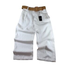 Halston Women White 100% Linen Wide Leg Cropped Pants Woven Belt Size L